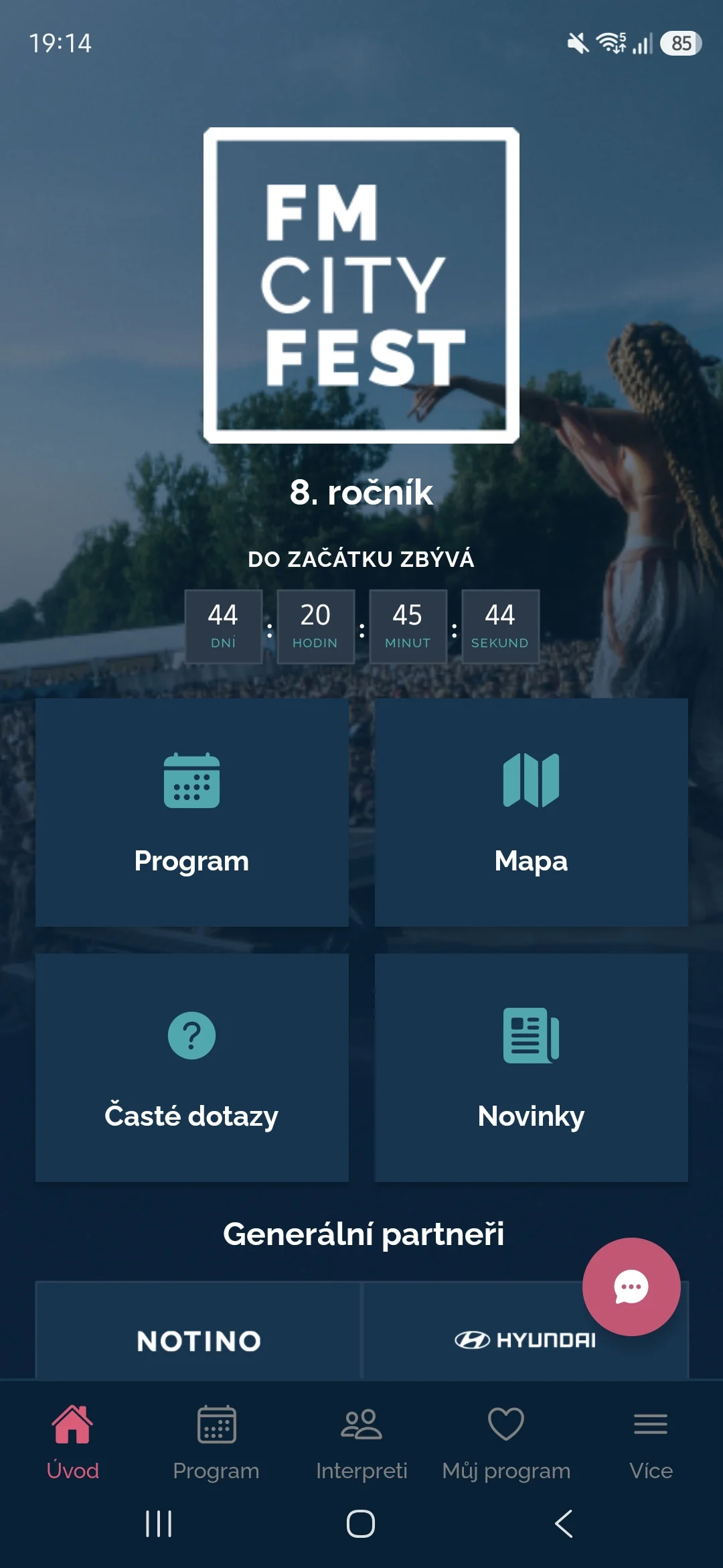 Hlavní obrazovka aplikace FM City Fest